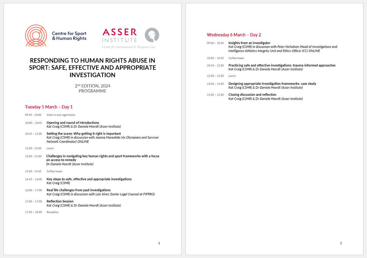 In just a month @TMCAsser and @SportandRights are hosting the 2nd eddition or the professional training on responding to abuse cases in #sports in a #humanrights compliant way. Final programme below, more info on the event and how to register here: asser.nl/education-even…