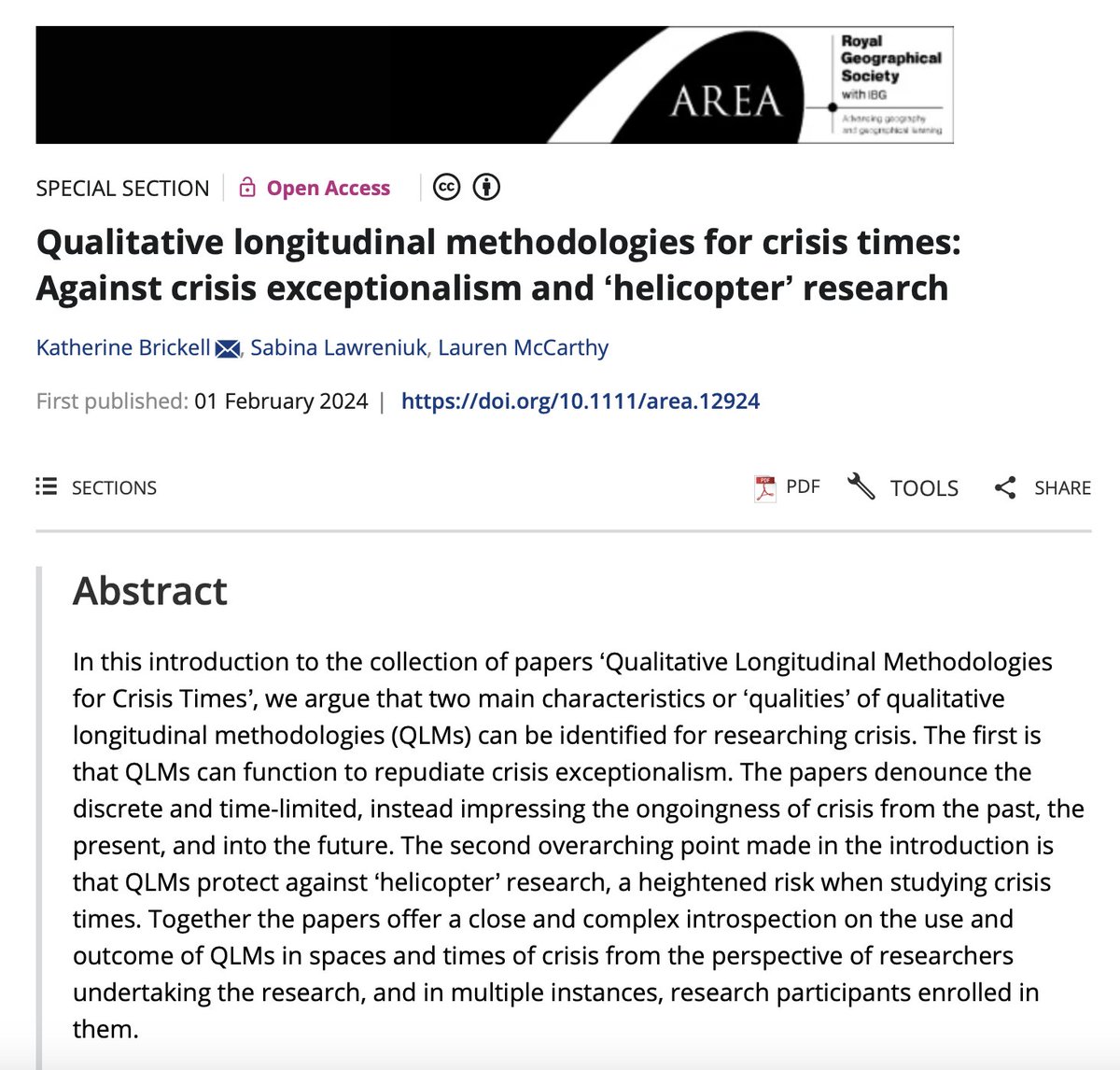 Qualitative longitudinal methodologies - why do they matter for researching crisis times? We've had a go at answering this❓through our new intro to forthcoming special section in @RGS_IBGhe Area journal #methods #qualitative #longitudinal #crisis 🔗rgs-ibg.onlinelibrary.wiley.com/doi/full/10.11…