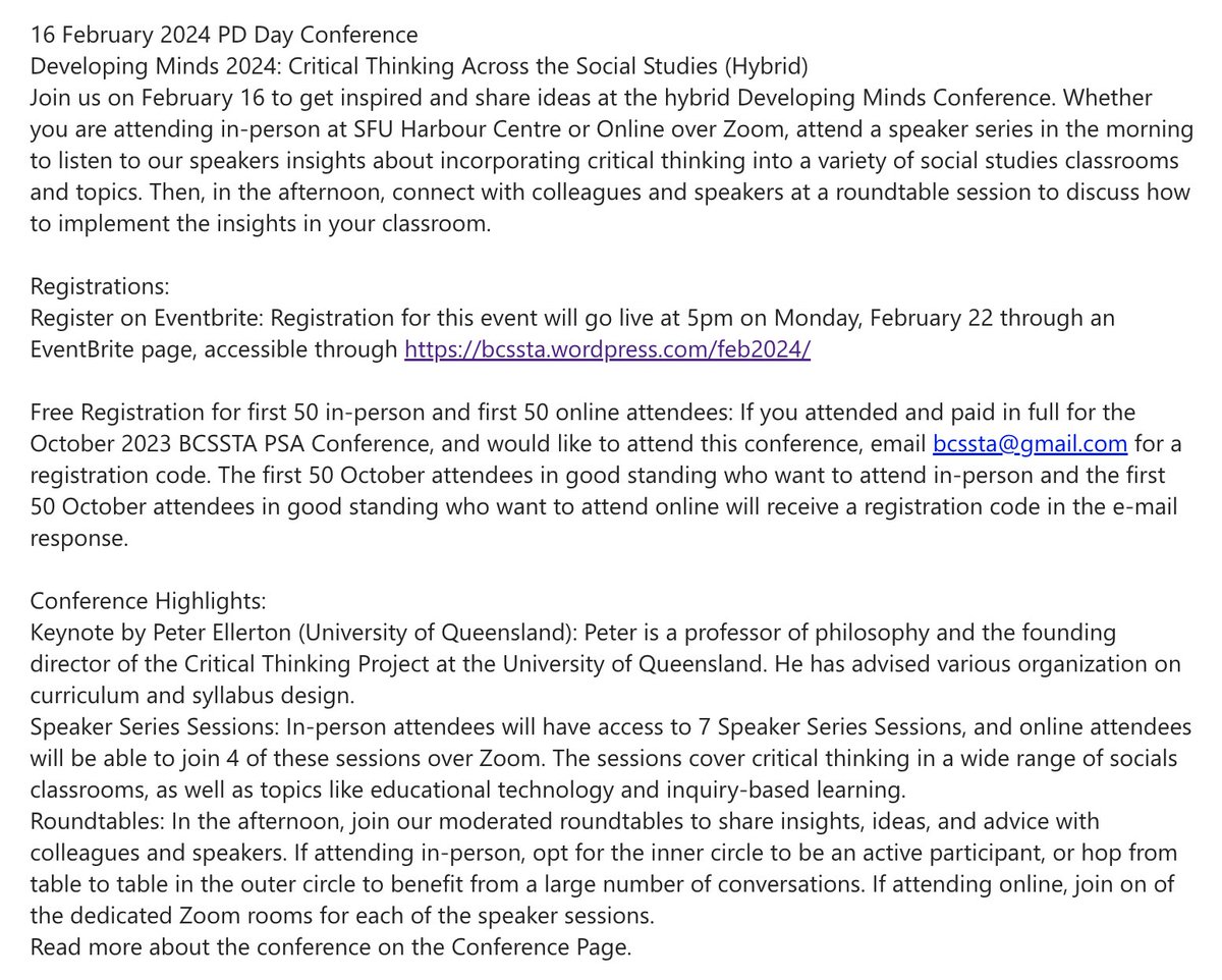 See details below or at bcssta.wordpress.com/feb2024/ for info on the Developing Minds Conference at SFU Harbour Centre Feb 19th for #bced Social Studies teachers. First 50 online and in-person registrants are free!