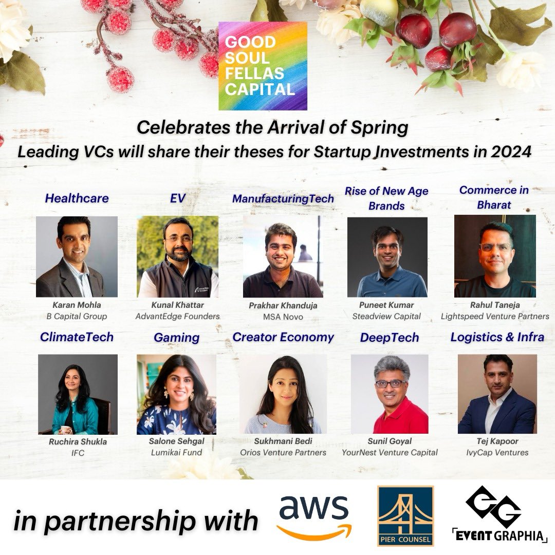 rajeshsawhney's tweet photo. What are VCs investing in 2024 

Looking forward to listening to the investment thesis of 10 leading VCs this evening in Gurugram 

@KaranMohla @BCapitalGroup 
@KunalKhattar @advantEdge_vc 
@prakharkhanduja #IMMinvestmentCorp
@puneetiitm @SteadviewCap 
@rahultaneja @LightspeedIndia 
@RuchiraShukla @IFC_org 
@BediSukhmani @OriosVP 
@SaloneSehgal @Lumikai 
@skg69 @YourNestVC 
@kapoortej @IvyCapVentures 

@gsf_fund #GoodSoulFellasCapital