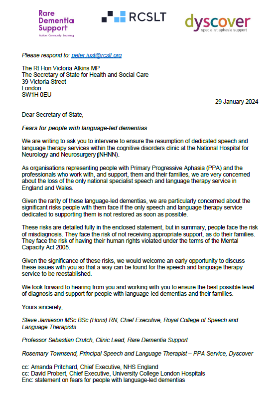 🚨 Fears for people with language-led dementias. 🗣️ @RCSLT, @RareDementia, & @dyscoveraphasia are urging @VictoriaAtkins @DHSCgovuk to restore the speech & language therapy services at @uclh's National Hospital for Neurology & Neurosurgery. 1/ #PPA #Aphasia #Dementia