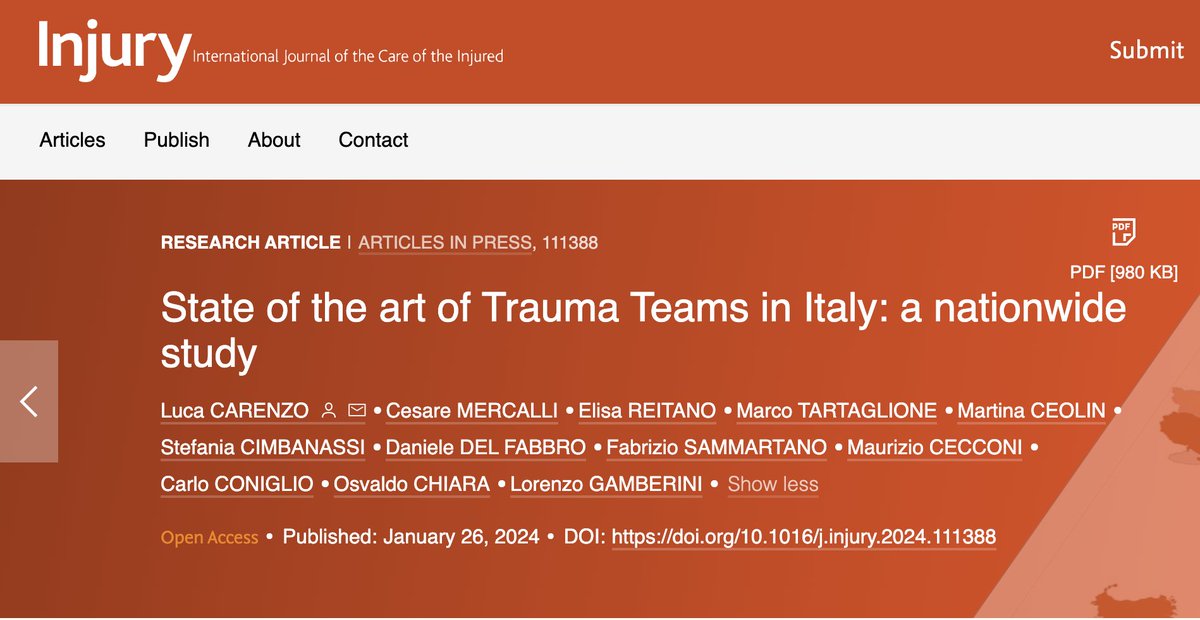 ➡️ Italian trauma centers lack formal trauma teams

➡️Challenges in implementing trauma teams stem from clinical-organizational and political factors

➡️Urgent improvements in trauma team education and governance are necessary

injuryjournal.com/article/S0020-…