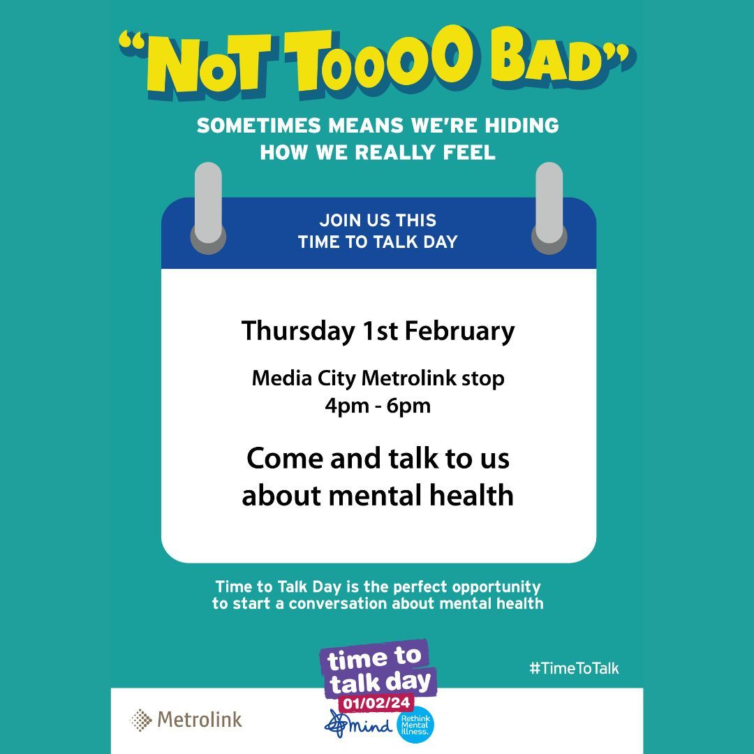 We will be starting mental health conversations this #TimetoTalkDay <a href="/MediaCityUK/">MediaCityUK</a> station today 4-6pm, join us <a href="/mindinsalford/">Mind in Salford</a> &amp; Metrolink to find out more about the day &amp; how to get involved

More information available on our wellbeing hub>> buff.ly/48X2kz6

<a href="/beenetwork/">Bee Network</a>