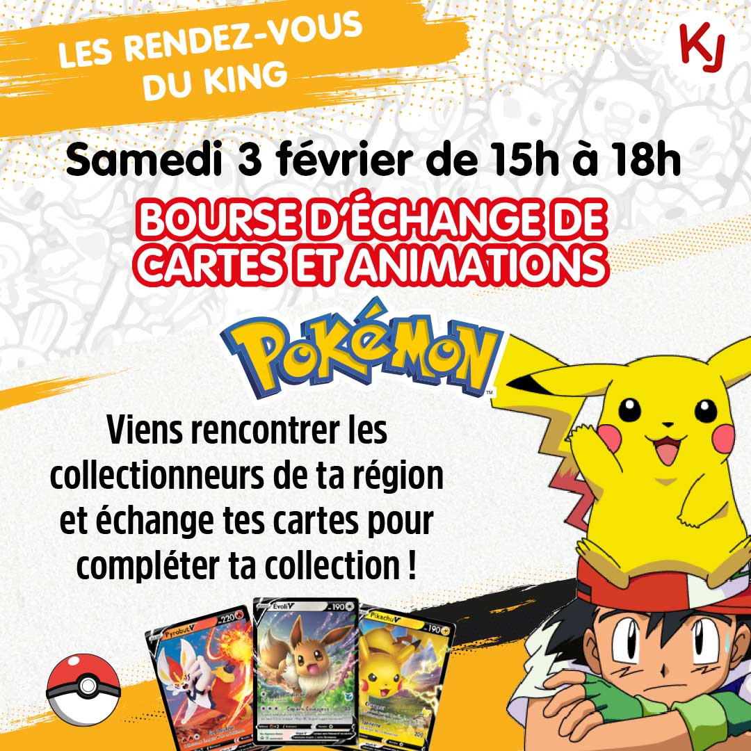 [Bourse d'échange Pokemon]🔥

📢 Grande bourse d'échange Pokémon ce samedi 3 février, de 15h à 18h ❗❗

Venez échanger vos cartes avec les collectionneurs près de chez vous, en étant accompagnés par l’un de nos King Experts !

#KingJouet #Pokemon #CartePokemon