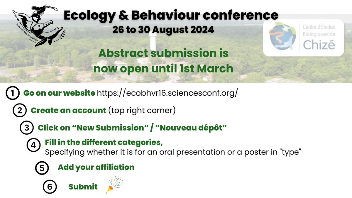 🚨Abstract submission is now open for E&B conference 2024🚨 You have one month to submit your abstract for a poster or a 10min talk! Go on our website: ecobhvr16.sciencesconf.org and follow the steps ⬇️ If you need more info, ask us at eco.bhvr.orga@services.cnrs.fr✉️ #ecobhvr2024