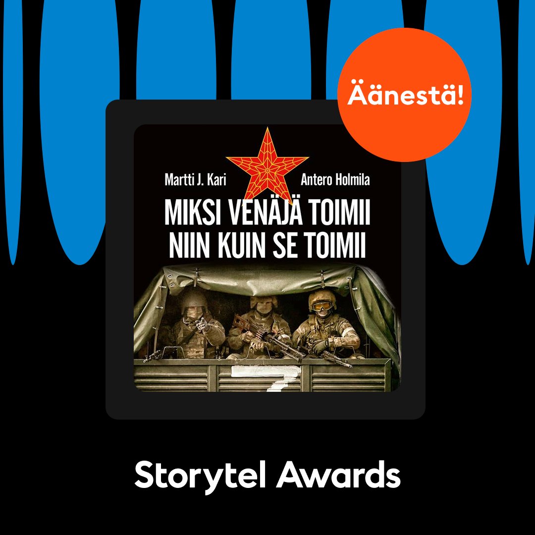 Martti J. Karin ja @aholmila kirja Miksi Venäjä toimii niin kuin se toimii oli 2023 suosituin tietokirjamme. Nyt se on lukuaikapalvelu Storytelin Storytel Awards -ehdokkaana Tietokirjat ja elämäkerrat -kategoriassa. Äänestä #Venäjä kirjamme voittajaksi! awards.storytel.com/fi/?award-cate…