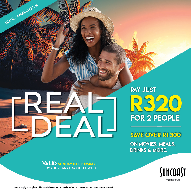 Real is the deal at Suncoast! Buy the ultimate entertainment combo – meals, movies, and more – all for just R320 for TWO people! Your wallet will thank you as you will be saving a whopping R1 300! 🎞️😋More info here bitly.ws/3beEu #suncoastdurban #realdealisback