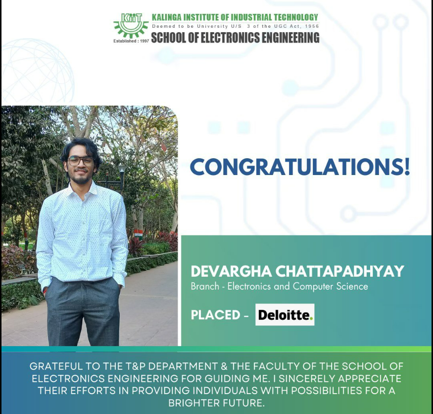 KiitSoe's tweet photo. Devargha Chattapadhyay appreciates the contribution made by School of Electronics Engineering, KIIT and expresses gratitude to the institution for its guidance and steadfast support.
#electronicskiit #Placement2023 #electronicsengineering #testimonial #kiit https://t.co/oKyoz50Wej