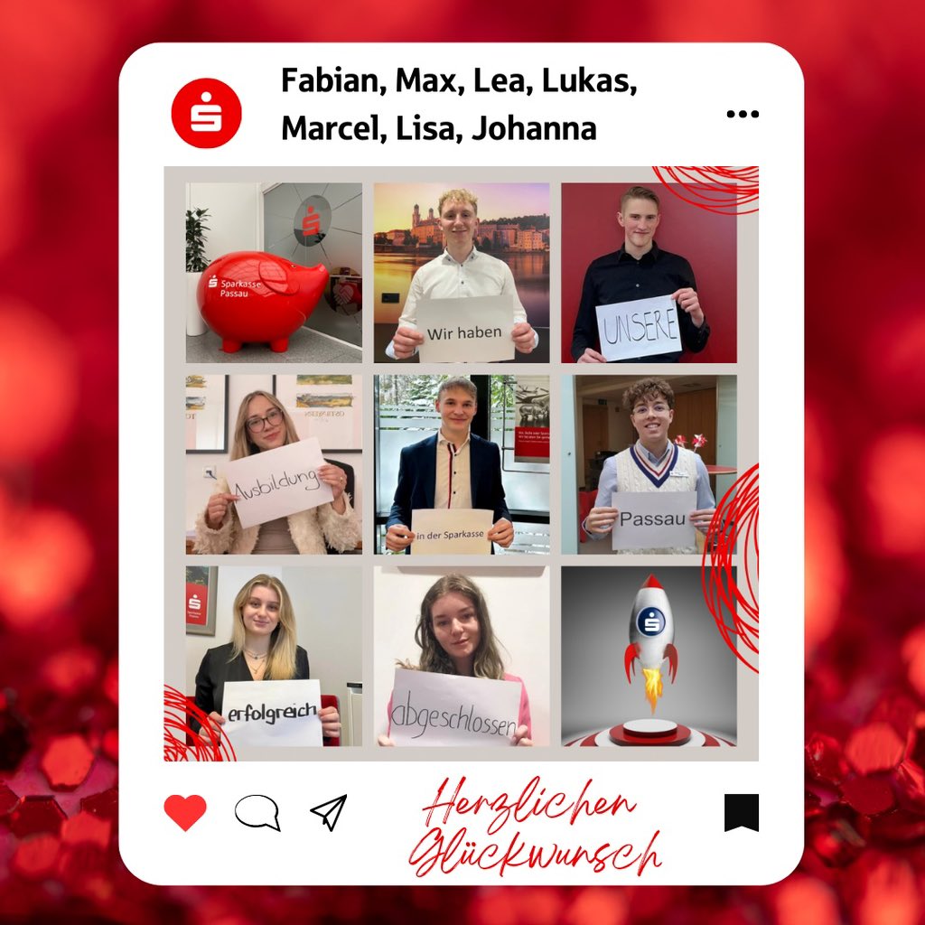 Herzlichen Glückwunsch!

Unsere ehemaligen Auszubildenden Fabian, Max, Lea, Lukas, Marcel, Lisa und Johanna haben ihre Abschlussprüfungen erfolgreich bestanden und treten nun ihre neuen Stellen bei der #SparkassePassau an.

#wirsindpassau #regionalerfinanzpartner #Ausbildung