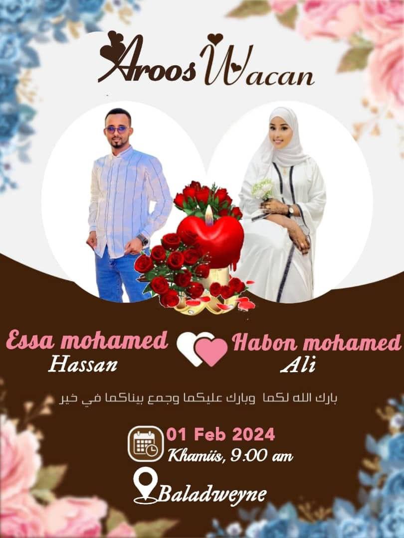 Feisal_halane's tweet photo. Waxan halkan hambalyo aroos ah uga dirayaa Walashey Haboon Baxuur Cali iyo seygeeda Esse Mohamed Hassan oo manta meherkoda ka dhacay magalada beledweyne, waxan leyahay isku waara oo ubad qeyr qabo kala hela wiilal iyo gabdho idam Allah.
Axdi labo dhigtoo   
Duco loo aqbalay. https://t.co/1KbDYHUHK2