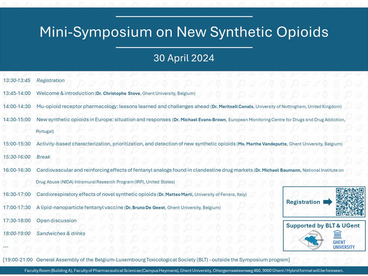 📅 30/04/2024 - BLT General Assembly and Mini-Symposium on New Synthetic Opioids!
A collaboration between <a href="/BLT_Tweet/">The Toxicological Society of Belgium and Luxembour</a> and <a href="/UGent_Pharma/">UGent Pharmacy</a>

🗒️ We invite you to send your abstracts before April 1. 

✍️Registration and info on our website: blt.be/2024/01/31/blt…