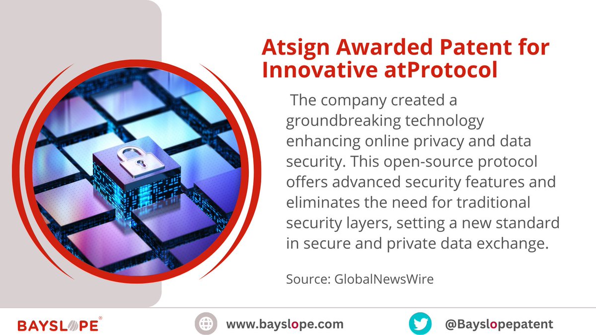 Bayslopepatent's tweet photo. Atsign receives patent for groundbreaking atProtocol.
#Atsign #TechPatent #Innovation #DigitalPrivacy #SecureCommunication #PatentAwarded #TechNews #CyberSecurity #DigitalInnovation #NextGenTech https://t.co/RRd5iy3goE
