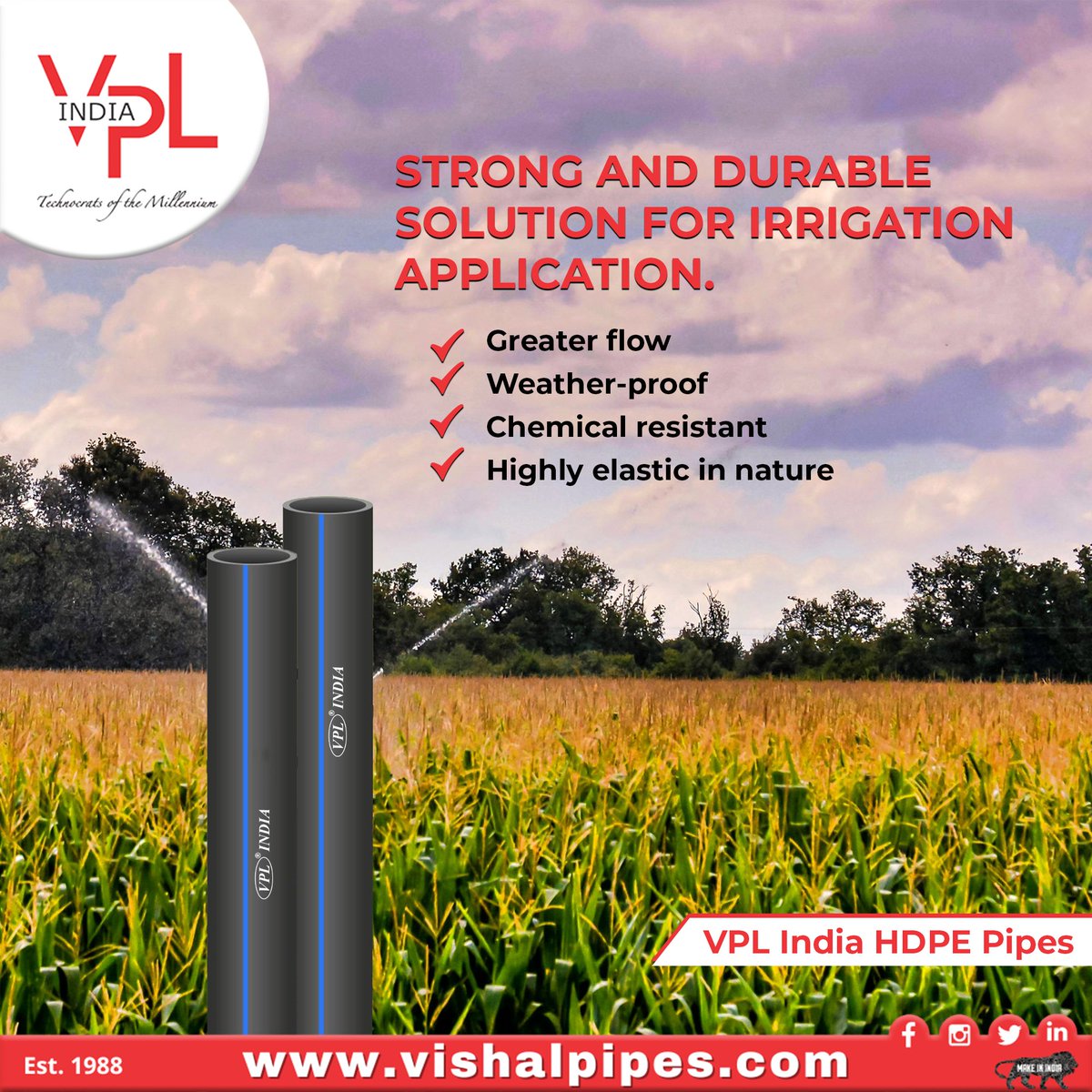 VishalPipes's tweet photo. Experience the epitome of reliability and performance with VPL India's HDPE Pipes, engineered to be the ultimate solution for irrigation applications.
#VPLIndia #HDPEPipes #IrrigationSolutions #Reliability #Performance #StrengthandDurability #WeatherProof #ChemicalResistant https://t.co/q5BZgM8Nfe