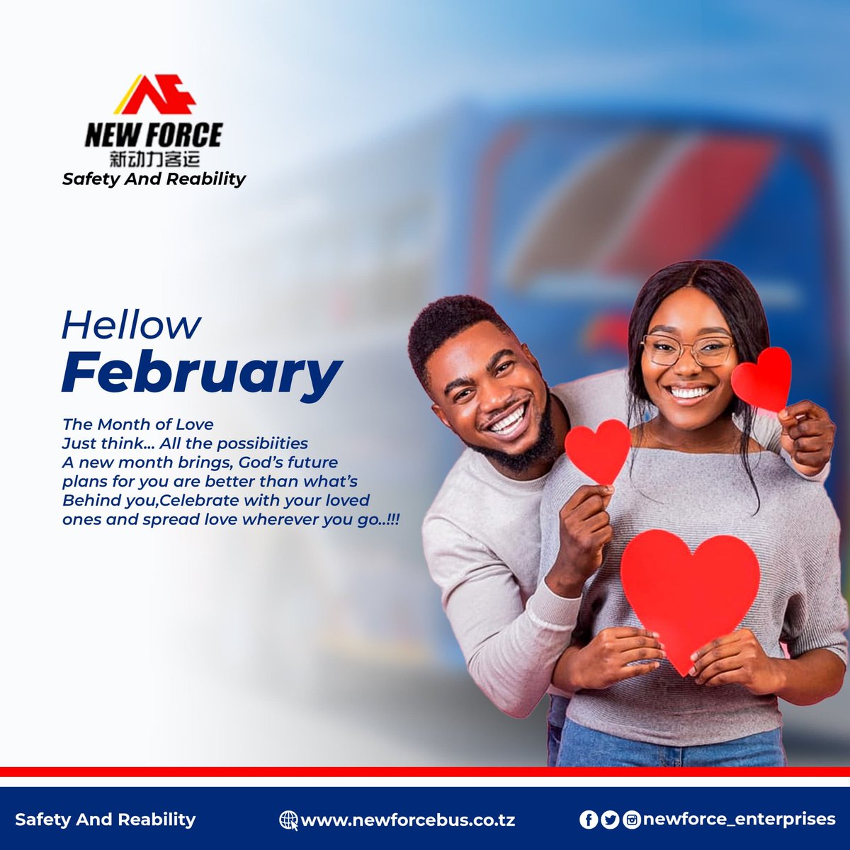 Happy New Month Of February !!
The Month Of Love Is Here , Go And Spread Love .

Online Booking
newforcebus.co.tz

#NewForce 
#GoldenDeer 
#Travelroyal 
#Travelsafely