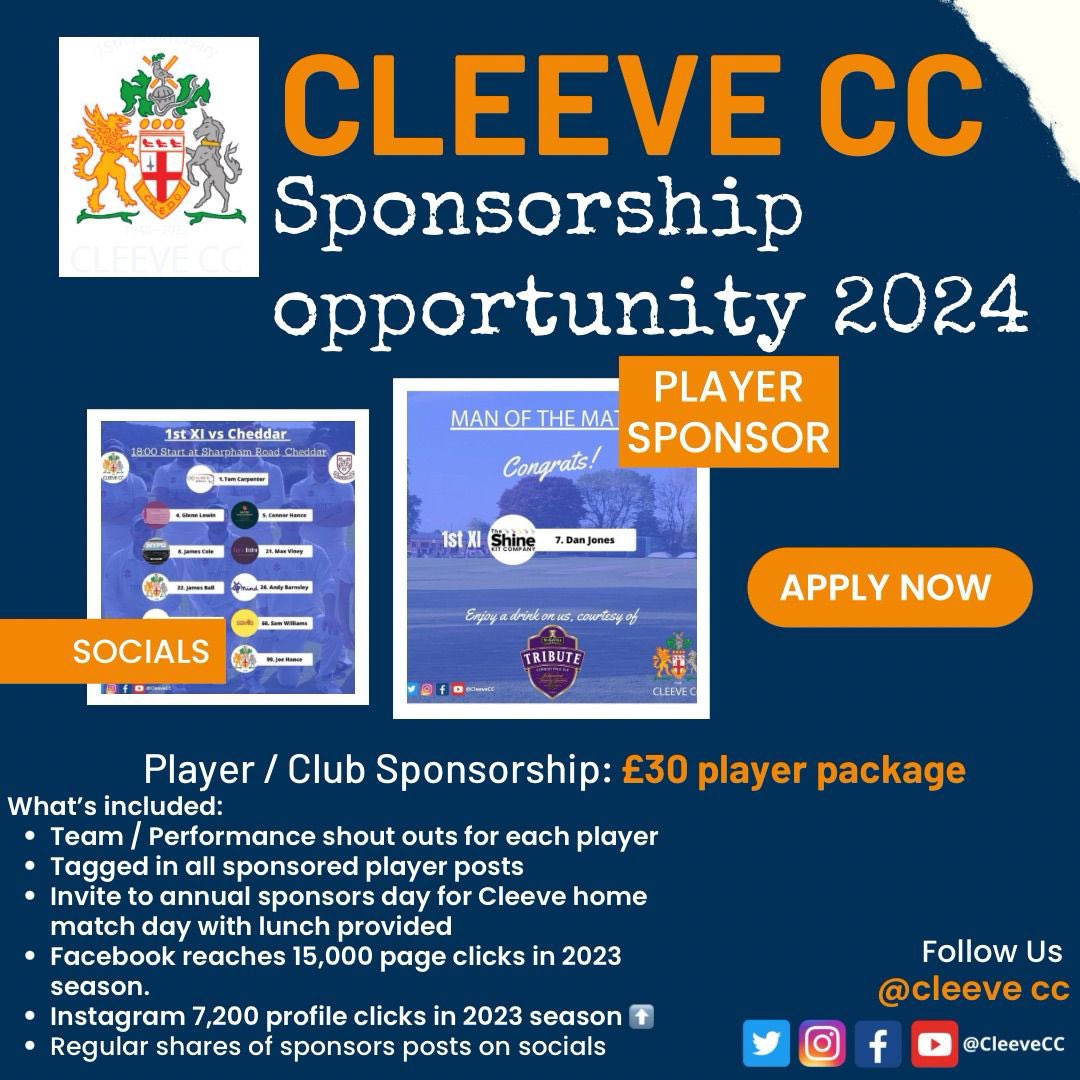 Cleeve CC (@cleevecc) on Twitter photo 2024 Player Sponsorship is now available.
For more info please message us or email cleevecricketclub@outlook.com 2024 Player Sponsorship is now available.
For more info please message us or email cleevecricketclub@outlook.com