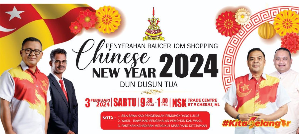 JohanAbdAziz's tweet photo. PROGRAM PENYERAHAN BAUCAR JOM SHOPPING TAHUN BARU CINA 2024 DUN DUSUN TUA & SEMENYIH

DUN Dusun Tua
Tarikh: 3 Februari 2024
Waktu: 09:30AM - 01:00PM
Tempat: NSK Trade Centre, Batu 9 Cheras, Hulu Langat

DUN Semenyih
Tarikh: 4 Februari 2024
Waktu: 09:30AM - 01:00PM
Tempat: Econsave Bandar Rinching, Semenyih

1. Tuntutan baucar hanya akan diedarkan kepada penerima yang telah memohon dan lulus sahaja.

2. Sila bawa kad pengenalan pemohon.

3. Pastikan kehadiran mengikut masa yang telah ditetapkan.

Sekalung penghargaan diucapkan kepada Kerajaan Negeri Selangor yg prihatin di dalam membantu rakyat di musim perayaan ini dan semoga ianya sedikit sebanyak dapat memeriahkan persiapan sambutan perayaan Tahun Baru Cina yang bakal tiba