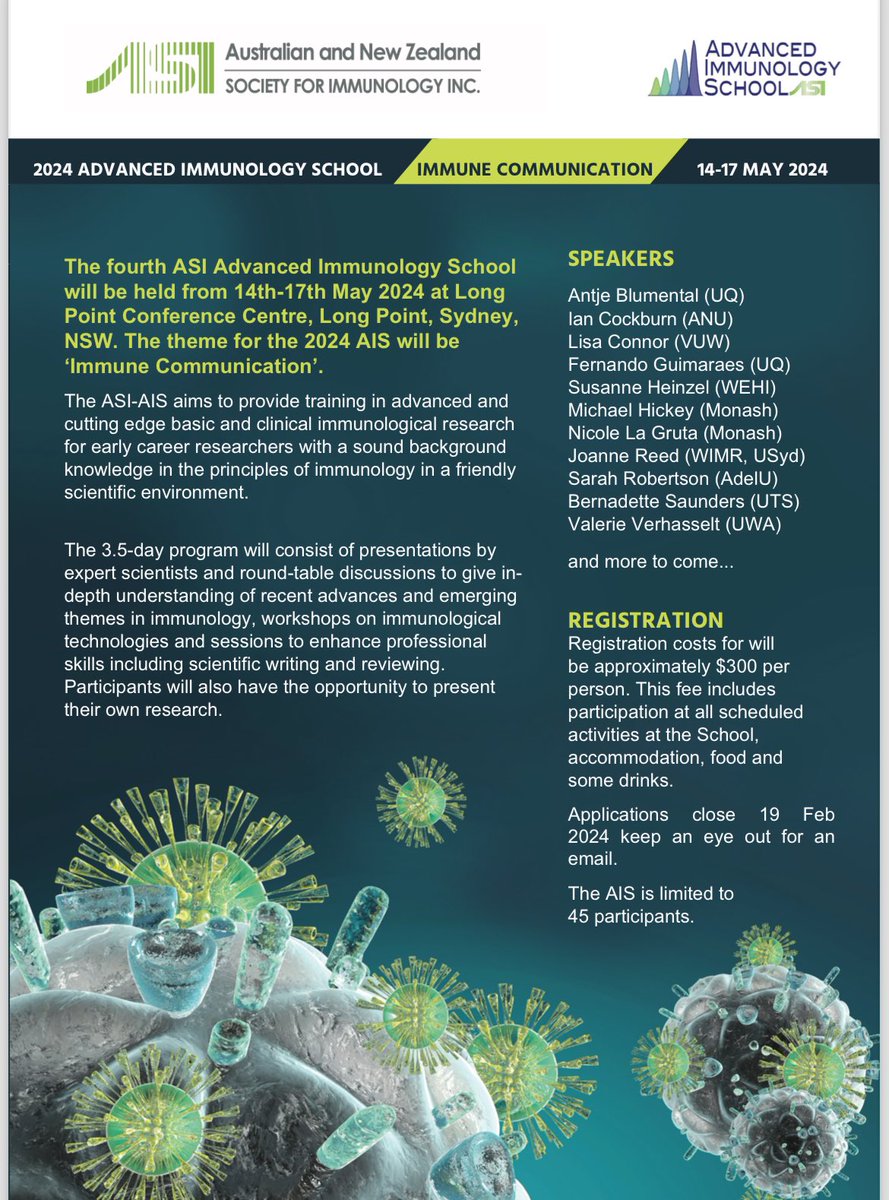 It’s happening again! @ASImmunology Advanced Immunology School. Join us in Sydney for 3.5 days of cutting edge immunology research and career development. Expressions of interest now open. Close 19 Feb 2024.