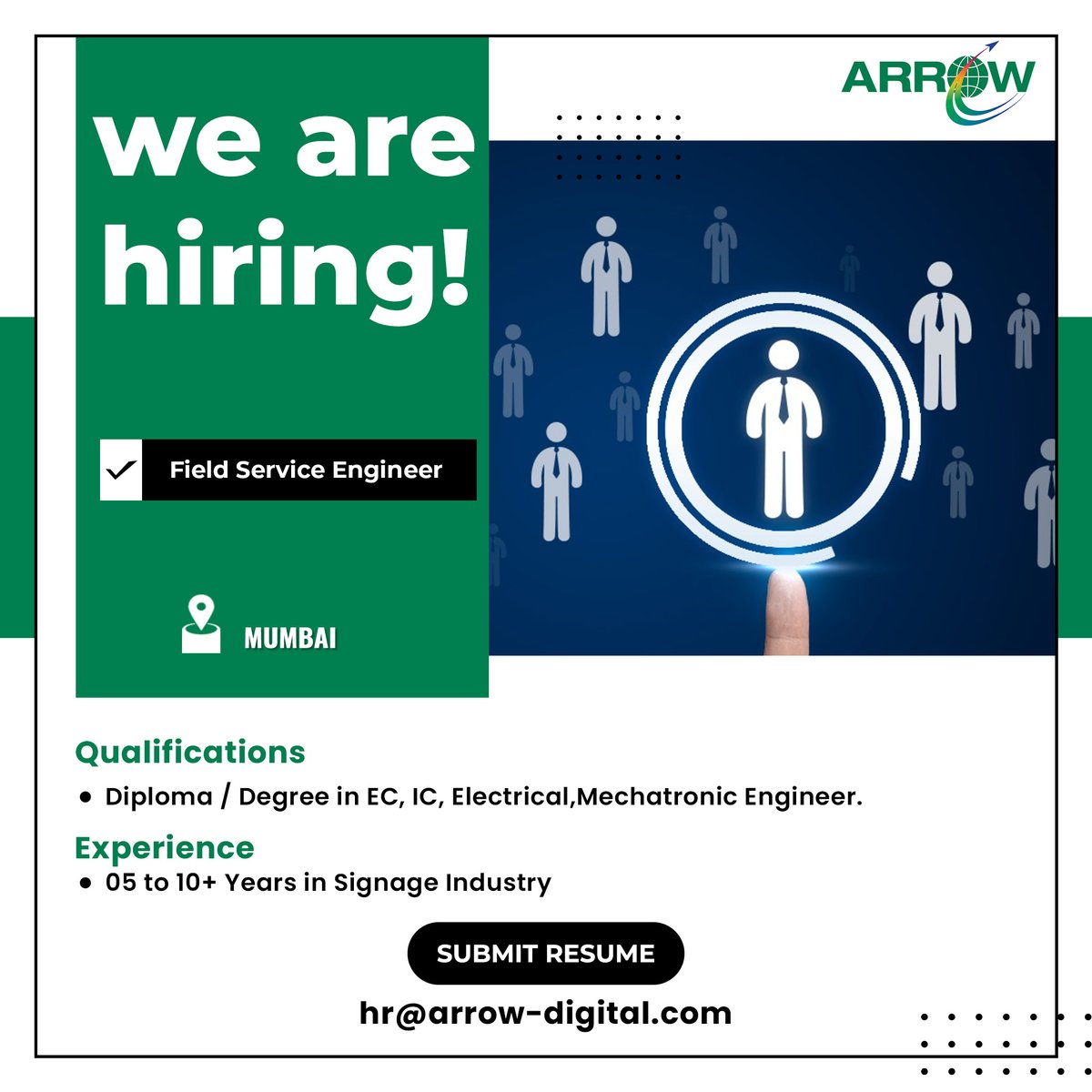 Hiring Alert!

We are hiring 𝐅𝐢𝐞𝐥𝐝 𝐒𝐞𝐫𝐯𝐢𝐜𝐞 𝐄𝐧𝐠𝐢𝐧𝐞𝐞𝐫 for Mumbai!

Interested candidates can email their resumes to hr@arrow-digital.com.

#ArrowDigital #HiringAlert #FieldServiceEngineer #MumbaiJobs #JobOpportunity #CareerOpportunity #NowHiring #JobAlert