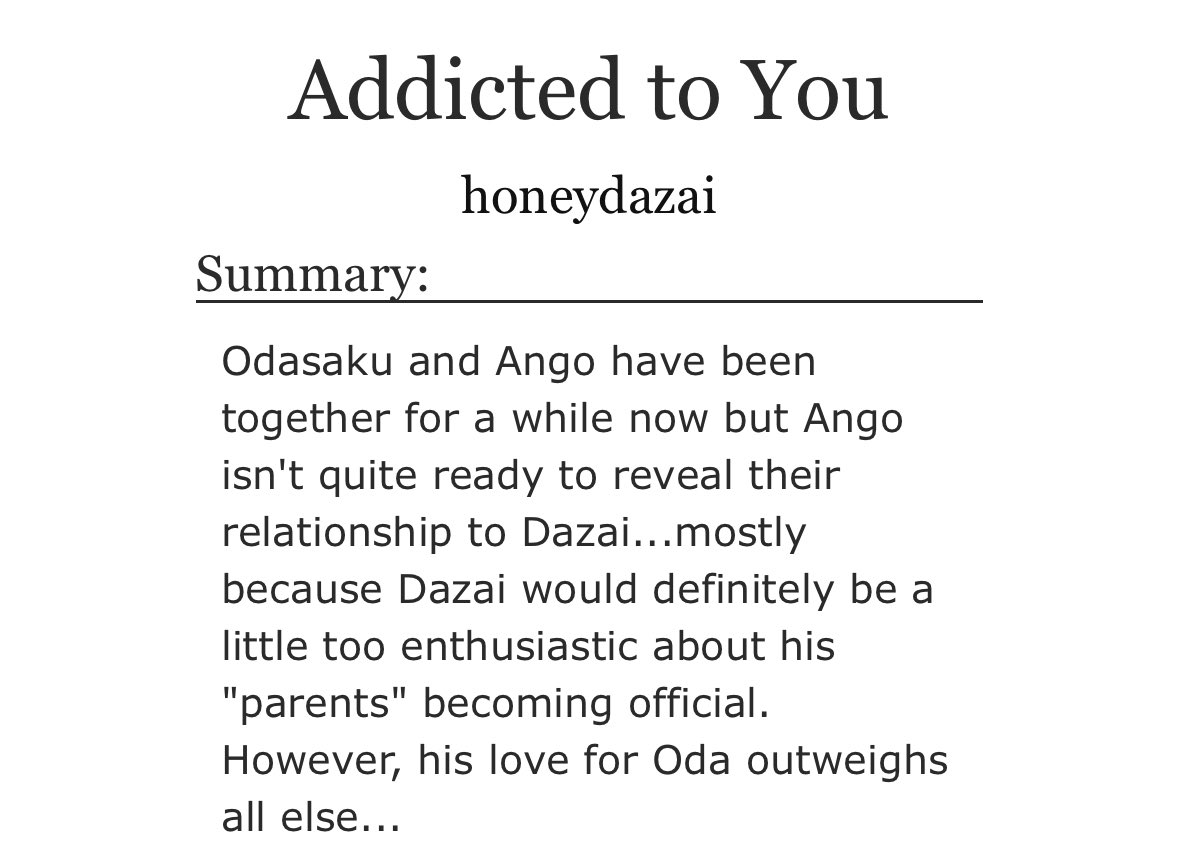 H0NEYDAZAI's tweet photo. "addicted to you"

odasaku and ango are happy but can that really last? maybe <3

— rated G
— 1.7k words
— odango
— angst in a way?
— doomed yaoi (the prologue)

🔗 https://t.co/HXl4bWqjWD https://t.co/0SRaI0pi7G