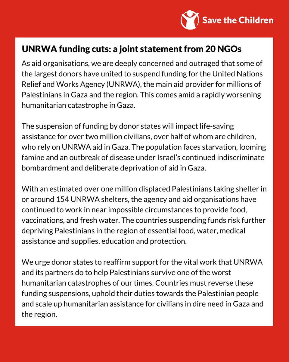 We're shocked by the reckless decision to cut a lifeline for an entire population – and calling for an immediate reversal to the United Nations Relief and Works Agency's funding suspensions.

<a href="/UNRWA/">UNRWA</a> is the main aid provider for millions of Palestinians in #Gaza and the region.