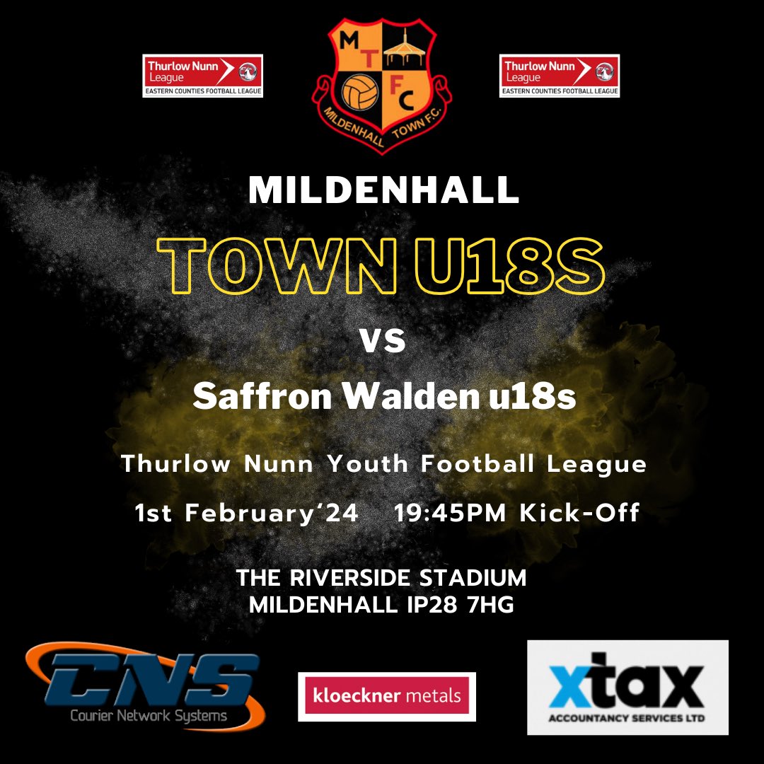 UP NEXT - League Match 
Mildenhall Town u18s v Saffron Walden u18s

🗓️ Thursday 1st Feb 2024
🏟️ The Riverside Stadium, IP28 7HG
⏰ Kick Off 7.45pm
🎫 £ 3 Adults and £1 u16s 

Food and Drink will be available!!
