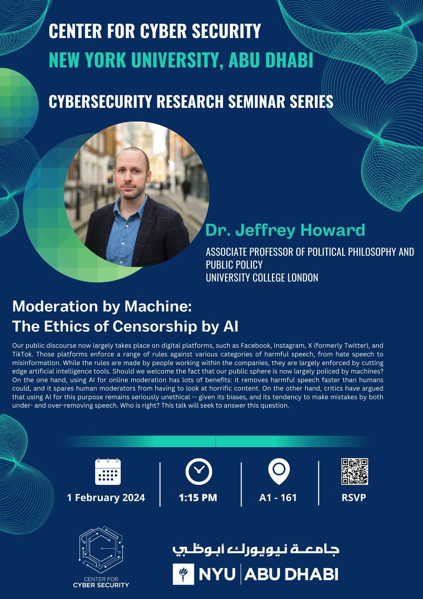 Join us today for the CCSAD seminar on “Moderation by Machine: The Ethics of Censorship by AI” by Dr. Jeffrey Howard, Associate Professor at University College London. Let's engage, discuss &amp; explore together in this interactive talk.
#nyuadresearch #nyuad_ccs #nyuad #AbuDhabi