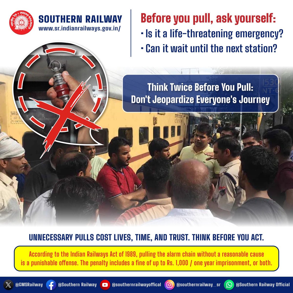 drmmadurai's tweet image. Before pulling the emergency chain, ask yourself: Is it a real emergency? 

If not, let's respect the chain for when lives are at stake, not just for minor inconveniences. 🚂⛓️

#ThinkBeforeYouPull #RespectTheChain #SouthernRailway