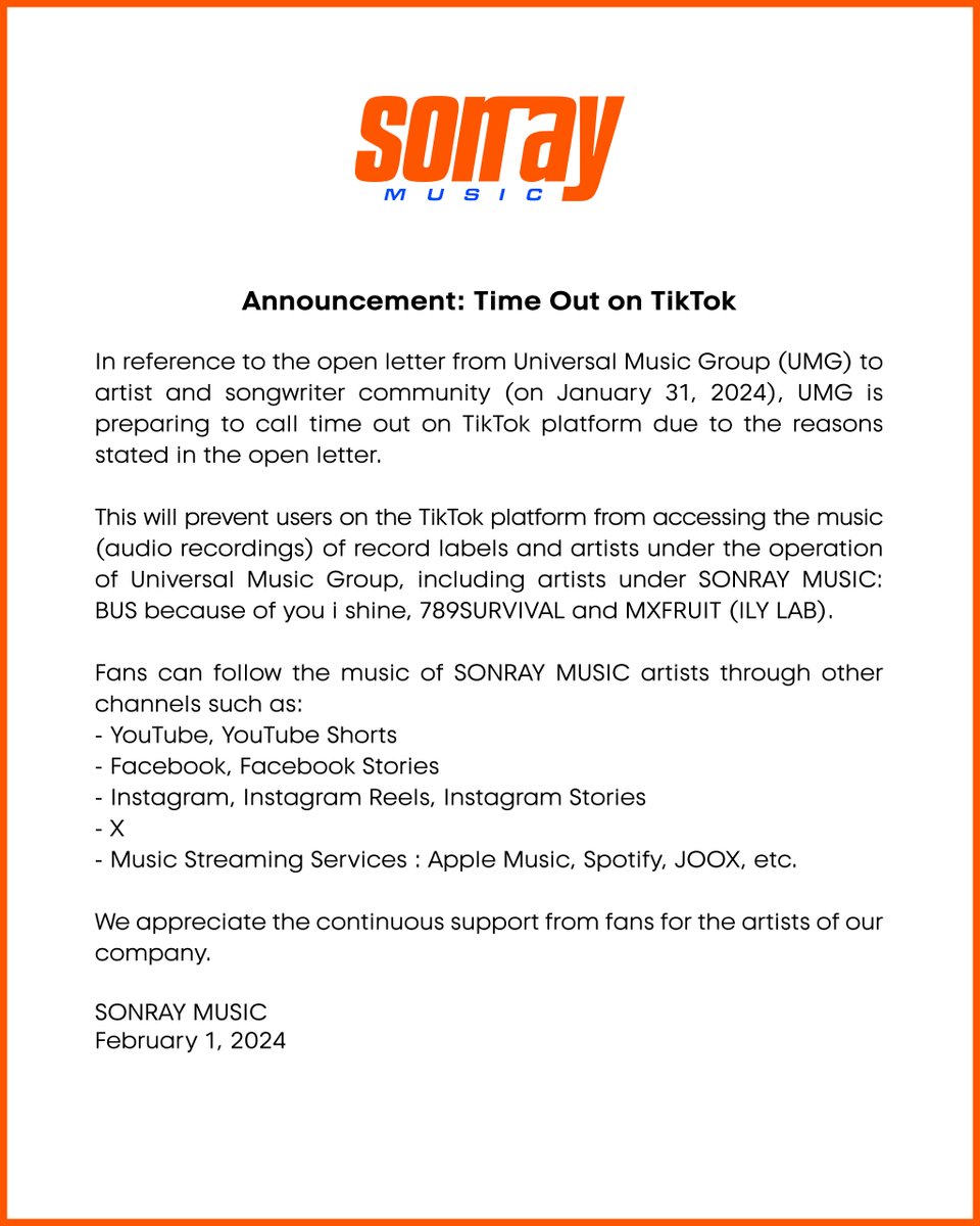 ประกาศ เรื่อง การหยุดพักการให้บริการเพลงบนช่องทาง TikTok

-

Announcement: Time Out on TikTok

Reference to:
universalmusic.com/an-open-letter…

#SONRAYMUSIC
#ILYLAB
#TADAEntertainment