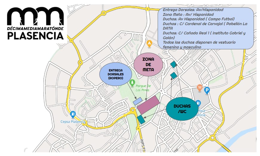 🚨 INFO IMPORTANTE. Mapa y puntos de interés de  #MMPlasencia2024

Parking zona meta 🚗🚙
Ropero 🛄
Duchas🚿
Fisioterapia 💆‍♂️💆‍♀️
Podología 👣
Detalle Finisher🏅
Tiempos chip⏱️
Bolsa corredor  🛍️
Camiseta Corredor 🎽
Globos por tiempos 🏃‍♂️🏃‍♀️
Avituallamiento final 🥖🍺
#MMPlasencia