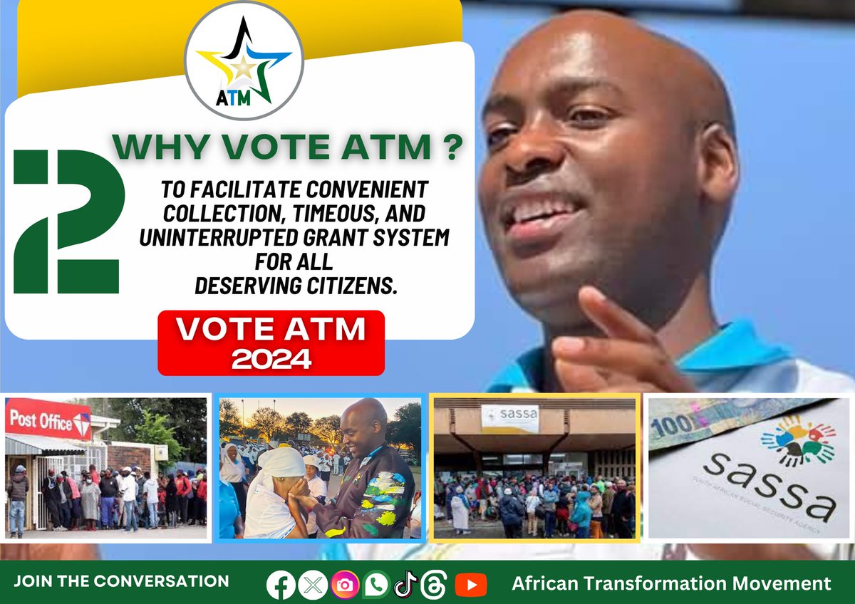 ATMovement_SA's tweet photo. As the final registration date (3-4 Feb) approaches, we thought we should give you reasons for voting!
#WhyVote - a number of reasons why the ATM is your best choice in the upcoming South African National & Provincial 2024 Elections.
#VoteATM2024 #VoteATM https://t.co/iAG5Yycubo
