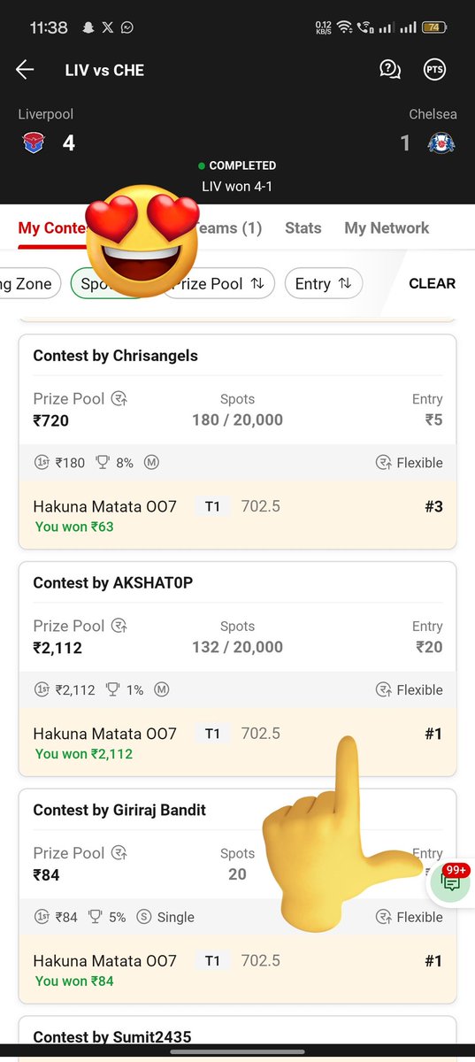 ViratKohli_007's tweet photo. Yesterday Night Match #Football #LIVvsCHE
Won Mini GL Congratulations All Those Who Played Ultrasweep Till 200 Members โค๏ธ๐คโค๏ธ๐๐ถ๏ธ
#dream11 #vison11 https://t.co/ay8B5qgOgj