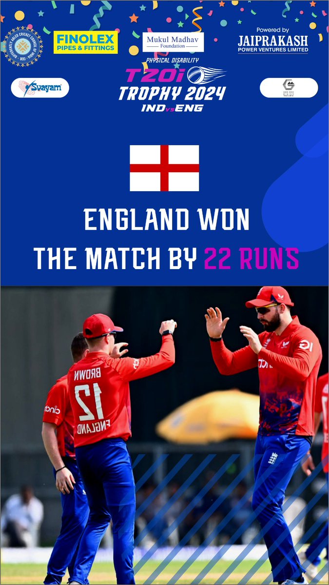 dcciofficial's tweet photo. Exciting Cricket Update!

3rd Mach of IND vs ENG PD T20I 2024

🏏 Result: England wins by 22 runs!

A thrilling match with twists and turns until the very end!
@BCCI @CMOGuj @ECB_cricket @sqnldrabhai @imRaviKChauhan
#IndVsEng #CricketFever 🏆🎉#KhelengeJeeJaanSe #BCCI #IndiaVsEngT20I #PhysicalDisability
#Accessebilityforall #supportteamindia #NarendraModiStadium #Divyangcricket