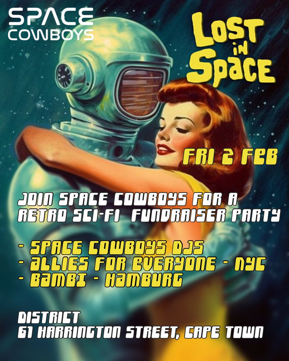Tomorrow night! The Space Cowboys 🌕 are throwing a retro sci-fi party 🛸! Join them at District, Cape Town, for a huge fundraiser party for their AfrikaBurn theme camp. Can’t wait to see lots of you there! spaceccowboys.co.za/party