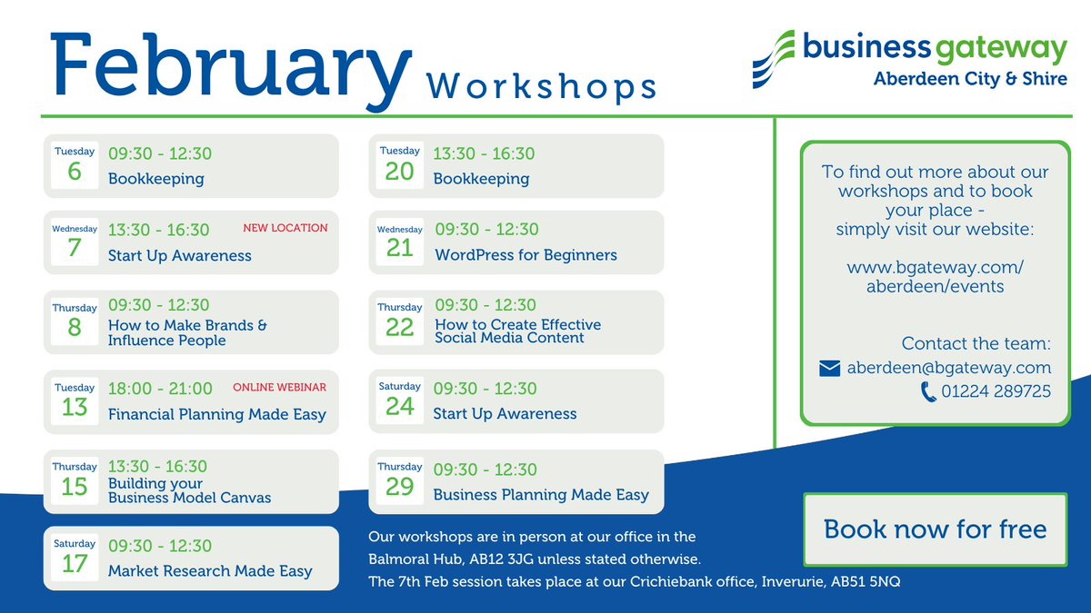 💕 Hello, February! 💕 Check out our #free workshops, including an online financial planning session from home 🏡 📍 In-person workshops are now at Balmoral Hub in Altens, with a special Start-Up Awareness session in Inverurie! Secure your spot now ▶️ ow.ly/8tzC50QkzSo