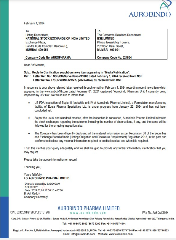 CaGhanshamJoshi's tweet photo. @CNBCTV18Live @CNBC 
Clarification from #AuroPharma https://t.co/7z8ezXl7gB