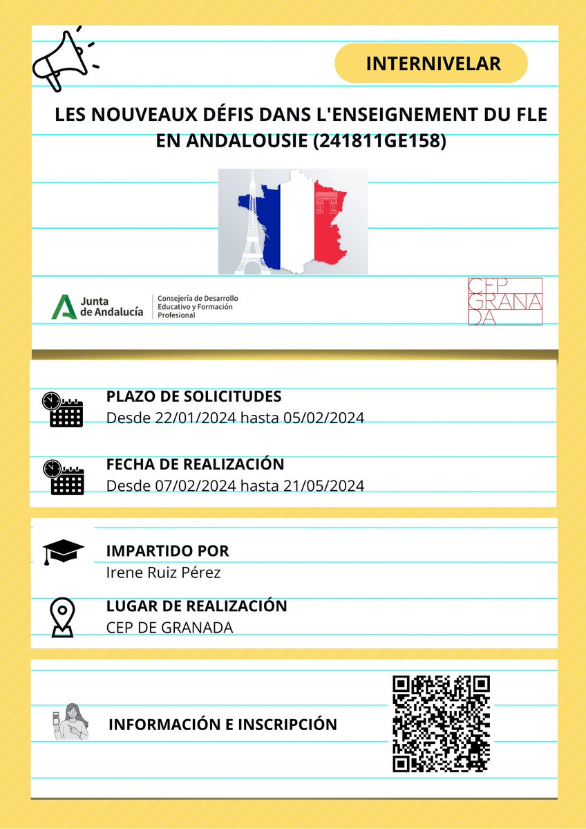 📢📢INSCRIPCIÓN ABIERTA
<a href="/cepdegranada/">CEP de Granada</a>

▶️▶️LES NOUVEAUX DÉFIS DANS L'ENSEIGNEMENT DU FLE EN ANDALOUSIE (241811GE158)

📌 Ámbito provincial

👩‍🏫Impartido por Irene Ruiz Pérez

⬇️Inscripción
juntadeandalucia.es/educacion/secr…

<a href="/cepbaza/">CEP de Baza</a> 
<a href="/cepguadix/">CEP de Guadix</a>
<a href="/cepdemotril/">CEP de Motril</a> 

@DGTaTEd