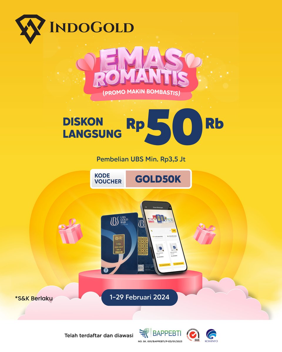 IndoGoldID's tweet photo. Februari bulan kasih sayang, saatnya kasih hadiah buat orang tersayang. Yuk pakai promo Emas Romantis" Diskon langsung Rp50.000 buat kamu nih 🤩😘

https://t.co/8fgfFzq7kk

 #emas #nabungemas #indogold https://t.co/5WftdA3bRT