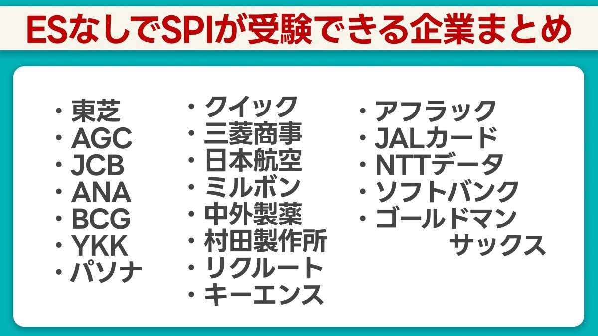 ababa_abataro's tweet photo. ESなしでSPIを受験できる企業はここ。

エントリーだけしてSPIの練習をするのも🙆