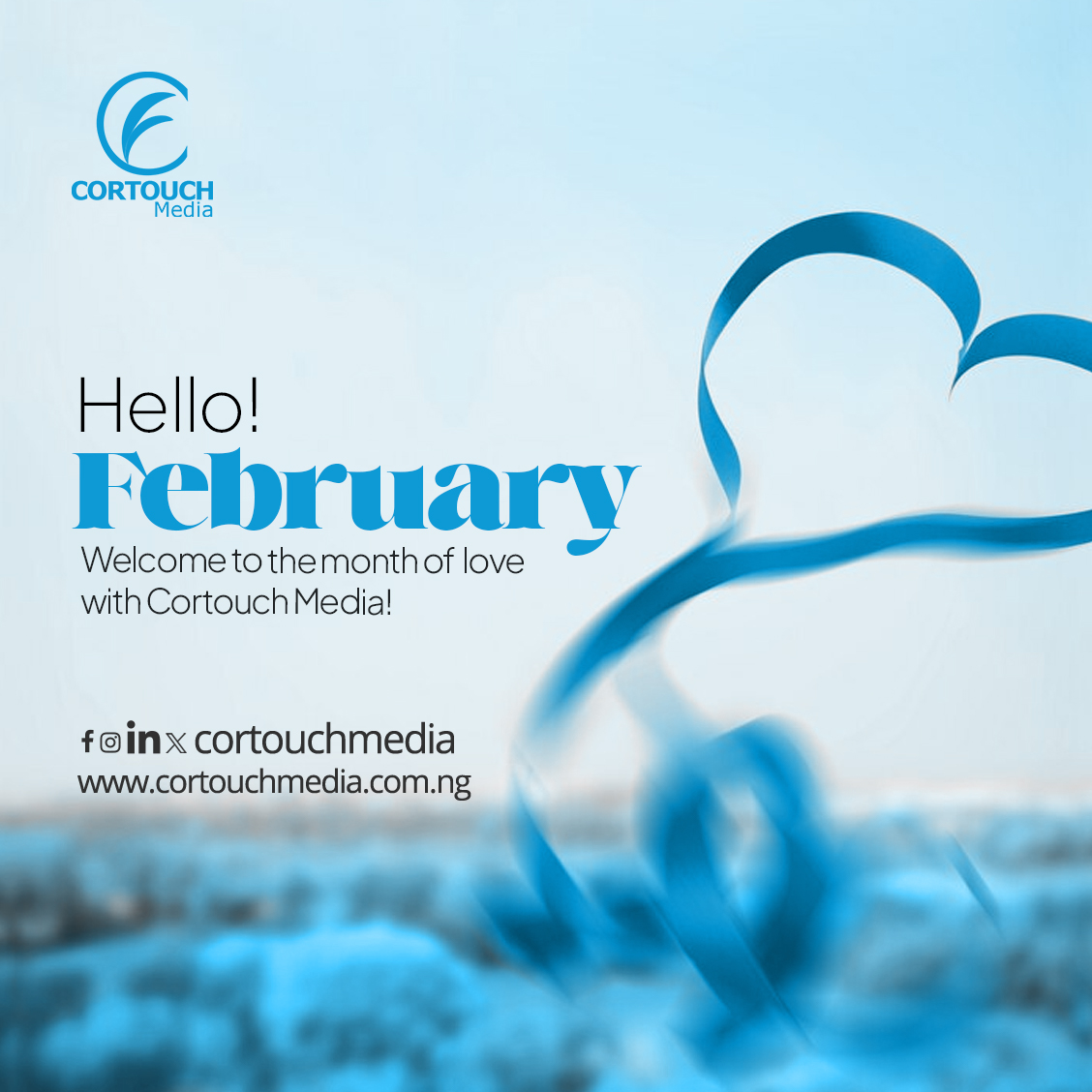 Hello, February! Welcome to the month of love with Cortouch Media!  In this season of affection, we're ready to amplify your brand's love story. 

#Cortouchmedia #CortouchLove #MediaMagic #HelloFebruary #MonthOfLove #BrandStorytelling #CreativeMinds #DigitalInnovation #Rufai