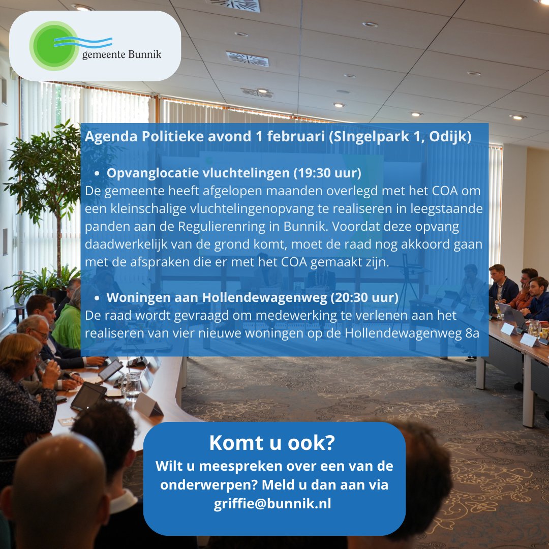 Vanavond oordeelt de gemeenteraad van Bunnik over de opvanglocatie voor vluchtelingen in Bunnik en over extra woningen op de Hollendewagenweg. Volgende week wordt hier in de raadsvergadering over besloten.