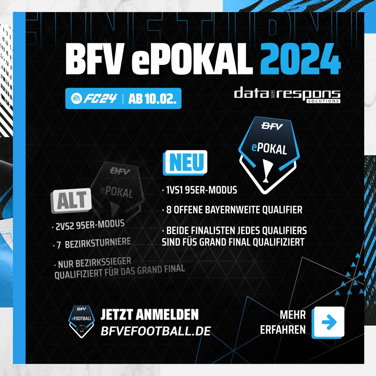 Der BFV ePokal 2024 by Data Respons Solutions startet! 🤩🎮🏆
Dieses Jahr im  1v1 und mit 8 Qualifiern für alle Vereinsmitglieder aus Bayern!
Link zur Anmeldung: app.bfvefootball.de/hub/eyJpZCI6Nj…