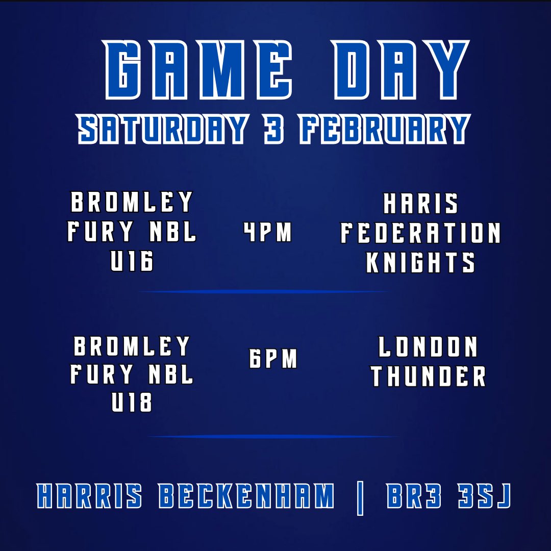 🏀 DOUBLE HEADER 🏀

This Saturday our NBL U16 and U18 teams take on Harris Federation Knights
and <a href="/london_thunder/">London Thunder</a> at home.

Come along and Bring The Fury 🔥

#bromleybasketball  #bringthefury #bromley #basketballEngland #basketball #NBL #ukbasketball #ukhoops #juniorNBL