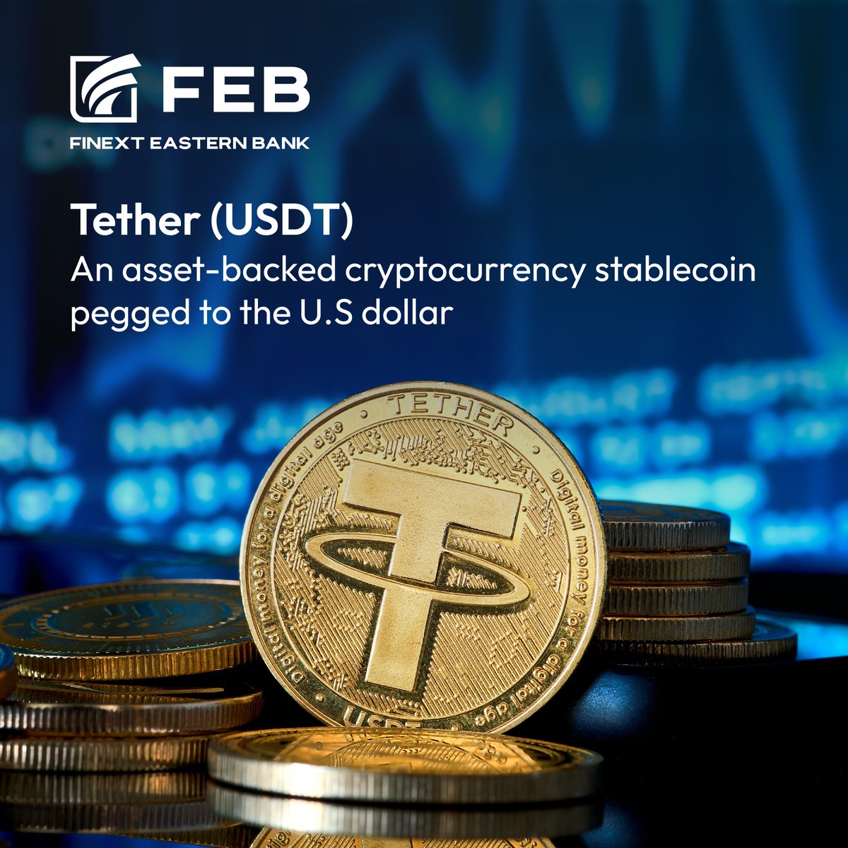 FinextEastern's tweet image. Dive into the fascinating world of stablecoins! Did you know that Tether, launched in 2014, holds a special place as the pioneer stablecoin? 🚀 #CryptoFacts #StablecoinMagic #FEB #businessbanking #banking #tether #USDT #stablecoins #Fintech