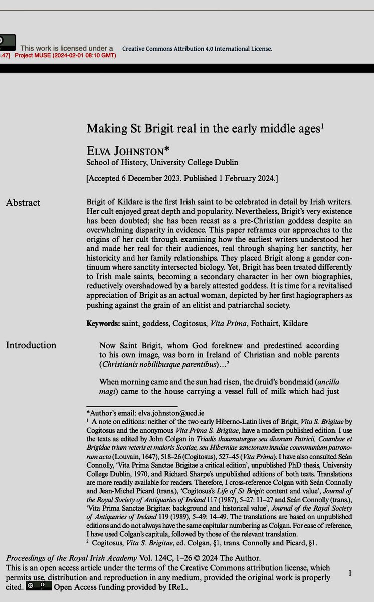 Happy St Brigit’s Day! Her feastday has been celebrated for 1500 years. Here’s my article in @riadawson’s PRIA arguing for reclaiming a radical historical Brigit who runs against the grain of a patriarchal elitist society. Free to read at doi.org/10.3318/priac.…