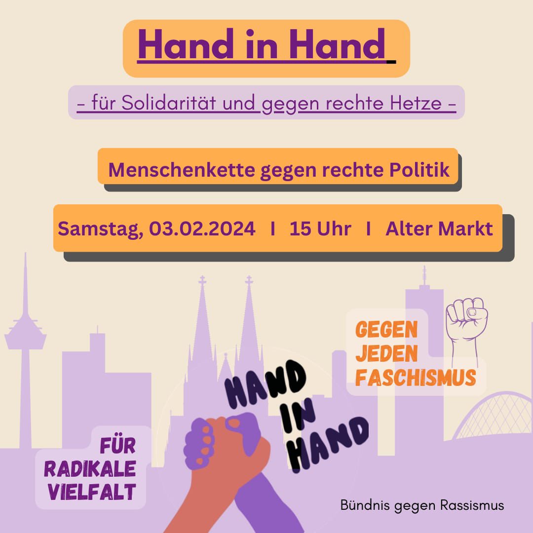 CityofHopeKoeln's tweet photo. Achtung! Am Samstag, dem 3.2. ab 15Uhr findet eine #Menschenkette des #BündnisgegenRassismus auf dem #AlterMarkt in #Köln statt https://t.co/2Lkft2K8t8