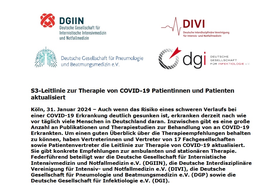 Die S3-Leitlinie zur Therapie von #COVID19  Patientinnen und Patienten wurde aktualisiert.
Sie umfasst Empfehlungen über den gesamten Verlauf der ambulanten und stationären Behandlung.
dgi-net.de/s3-leitlinie-z…