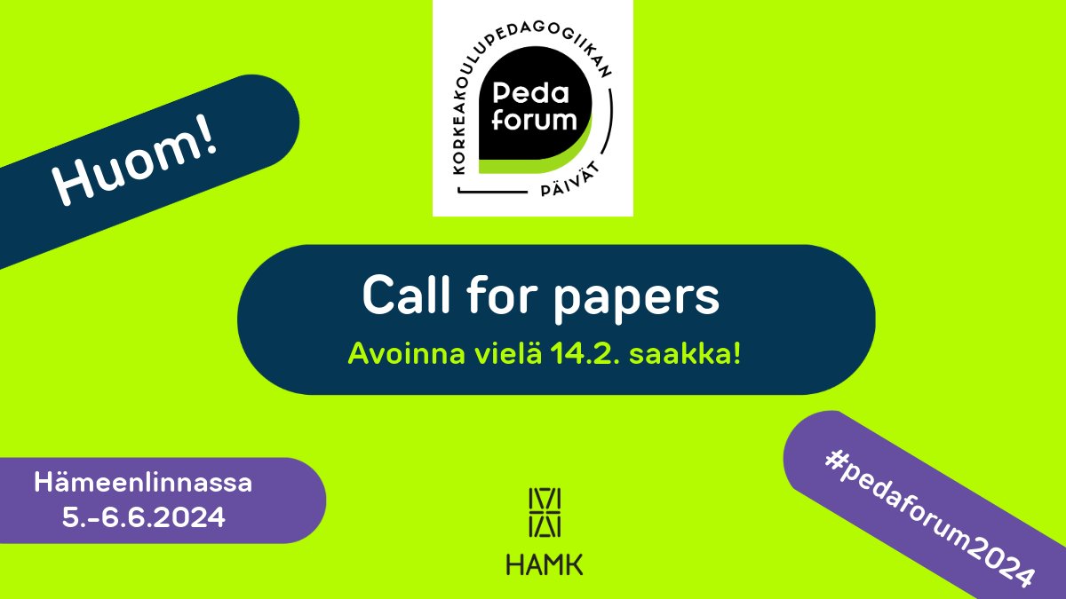 Pedaforum 2024 – Korkeakoulupedagogiikan päivät (@pedaforum) on Twitter photo Call for papers on avoinna vielä 14.2 asti!
Ohjeet kirjoittajakutsuun ja tiivistelmien jättämiseen löydät alla olevasta linkistä: ⬇️
app.eventos.fi/pedaforum-2024… Call for papers on avoinna vielä 14.2 asti!
Ohjeet kirjoittajakutsuun ja tiivistelmien jättämiseen löydät alla olevasta linkistä: ⬇️
app.eventos.fi/pedaforum-2024…