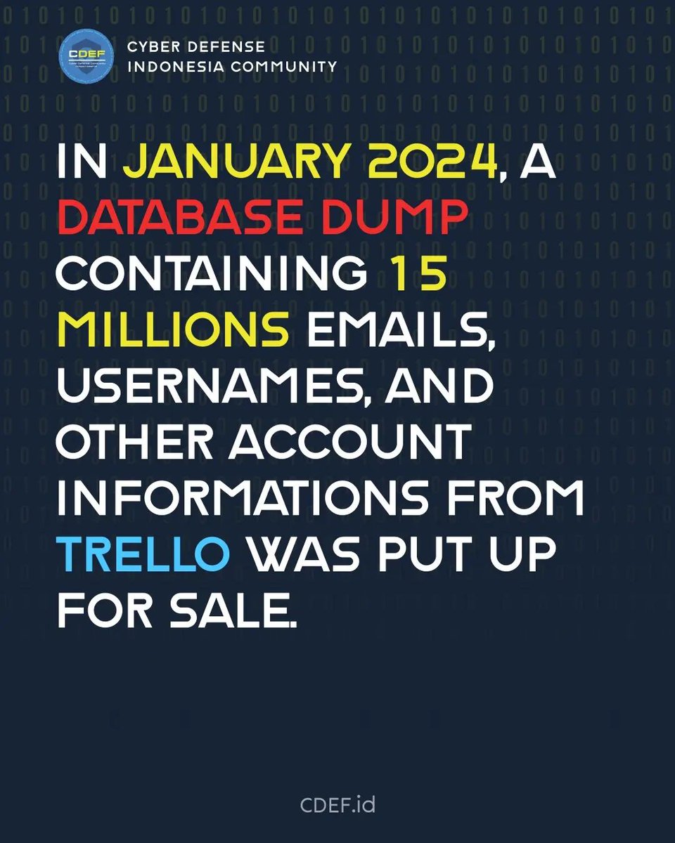 CDEF_ID's tweet photo. 🚨 Attention Trello Users! 🚨

A data dump containing credentials including emails, usernames, and more is circulating.The threat actor reveals that he used a publicly exposed Trello Rest API.

What do you guys think? Share your thought in the comment! 🤔

~kee~
#databreach https://t.co/nnFnIyhsHL