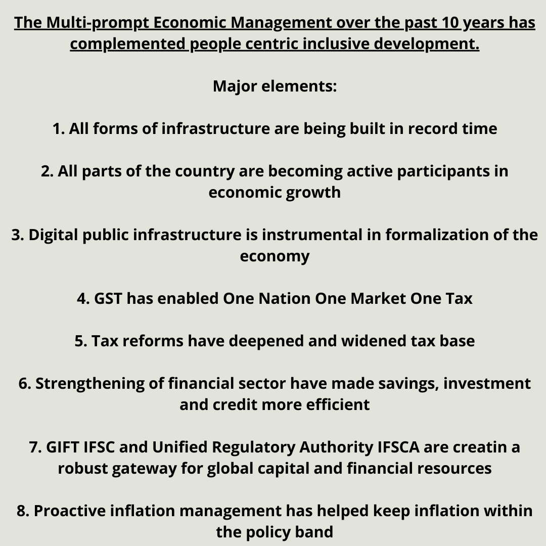 The Multi-prompt Economic Management over the past 10 years has complemented people-centric inclusive development.
#EconomicMiracle #GrowthForAll #InfrastructurePush #DigitalRevolution #TaxationReforms #FinancialStability #GIFTIFSCA #InflationManagement #BuildingNewIndia #Budget