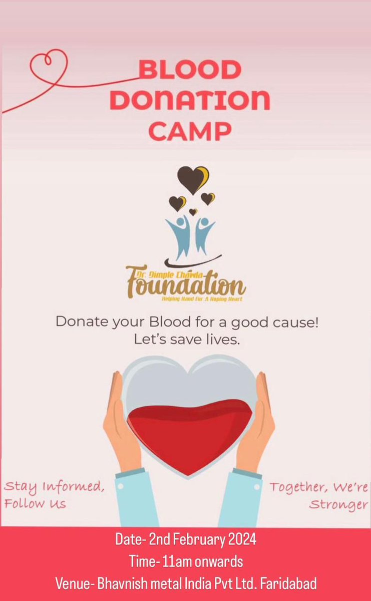ravish_chawla's tweet image. The start of Dr. Dimple Chawla foundation with a Blood donation camp on her birthday. Do come if you can. 
📍Faridabad 
🕙 2nd Feb 2024, 10 am onwards